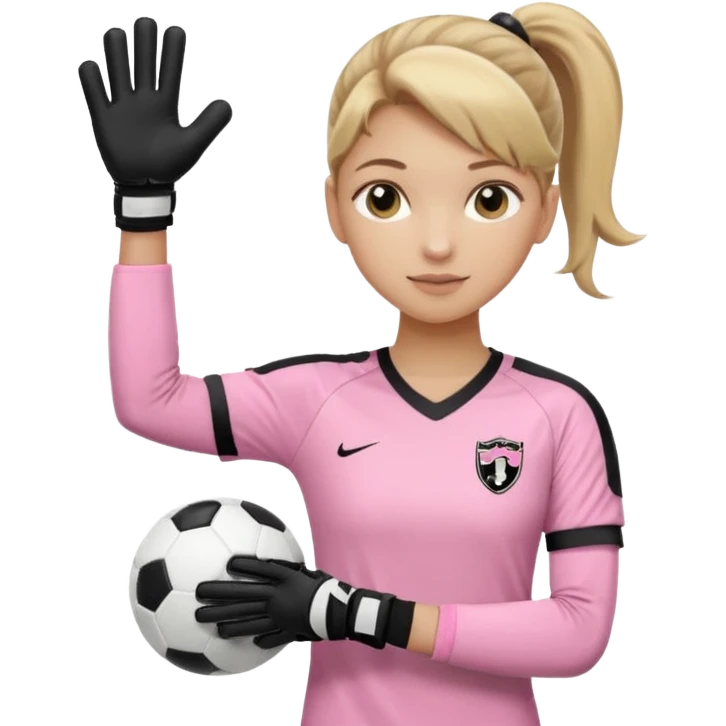 Make a dirty blonde football goalkeeper with goalkeeper gloves on holding a regular  The girl is light skinned and wearing a light pink football. Wearing a ponytail on back of head. Make it without the whole body. With full sleeves. WITHOUT A RUGBY BALL JUST REGULAR BLACK AND WHITE BALL. emoji