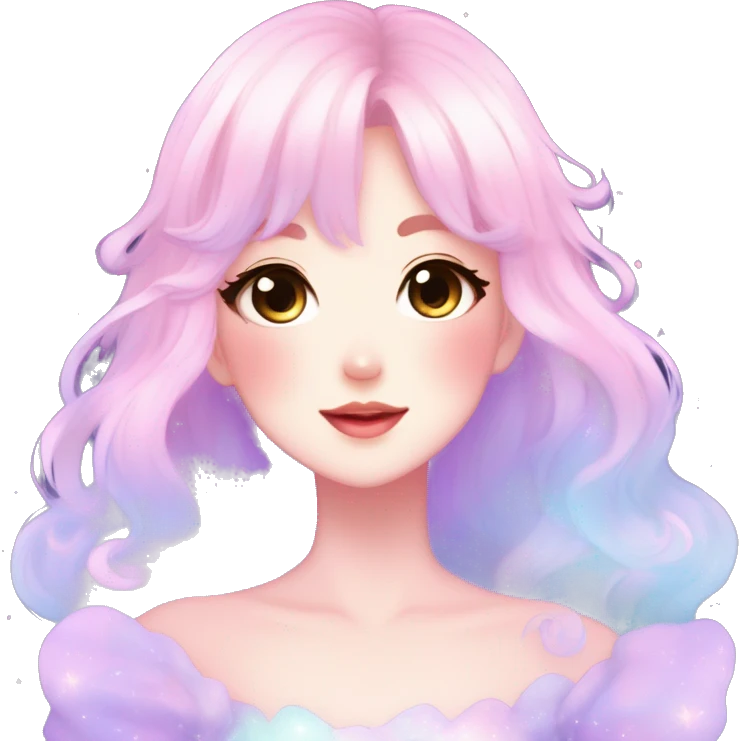 Gorgeous pastel anime style lady blushing nebula gradient sparkle face dreamy idol model colorful shiny stars galaxy kawaii cottagecore pearly petite simplistic aesthetic trending style emoji