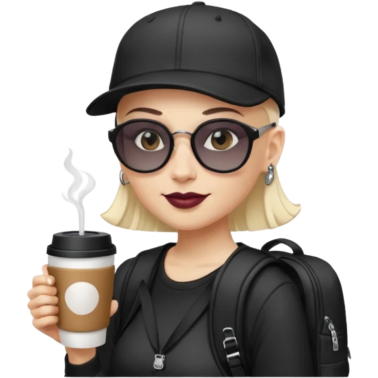["A happy woman with light skin, bald, wearing a baseball cap and sunglasses, dressed in goth fashion, is drinking coffee while holding a backpack."] emoji
