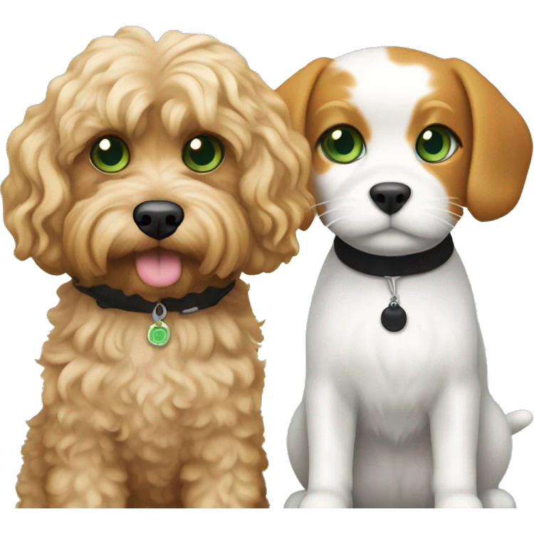 a blond apricot colored cavapoo standing next to a calico cat with a mix of black, orange, and white fur, green eyes emoji