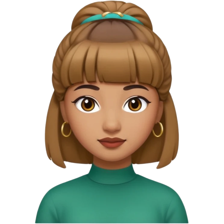 In Apple Memoji format, a girl with bangs and her hair in a bun. The girl has light brown skin and arab ethnic features emoji