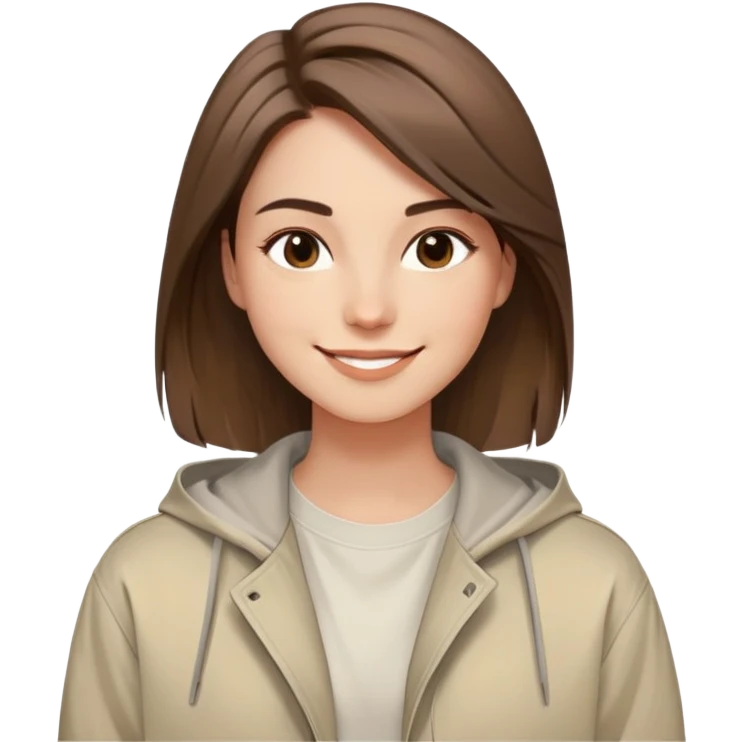 smiling face with soft straight brown hair swept to one side, warm and creative eyes, wearing neutral-toned aesthetic clothing including light oversized jacket and artistic tee, expression conveys positive energy style and originality emoji