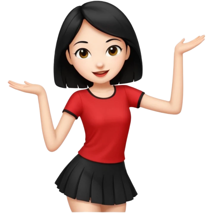 Chicas esbelta con falda corta negra y top rojo,pelo semi largo negro y lacio  super feliz,pero bailando emoji