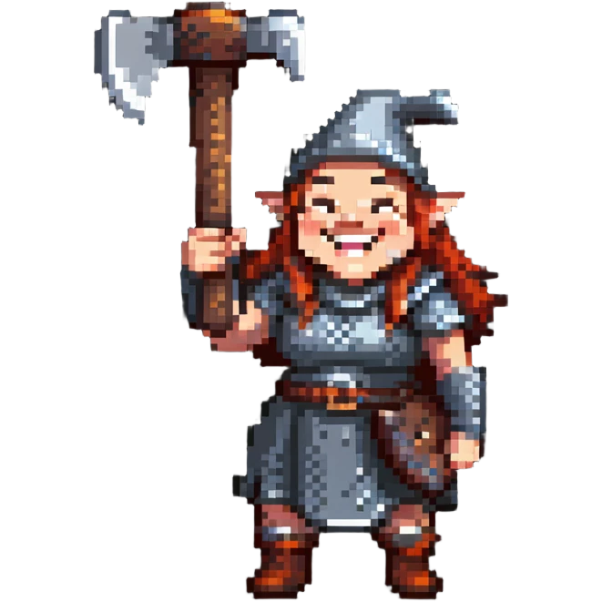 laughing female dwarf from Lineage 2 game character with axe emoji