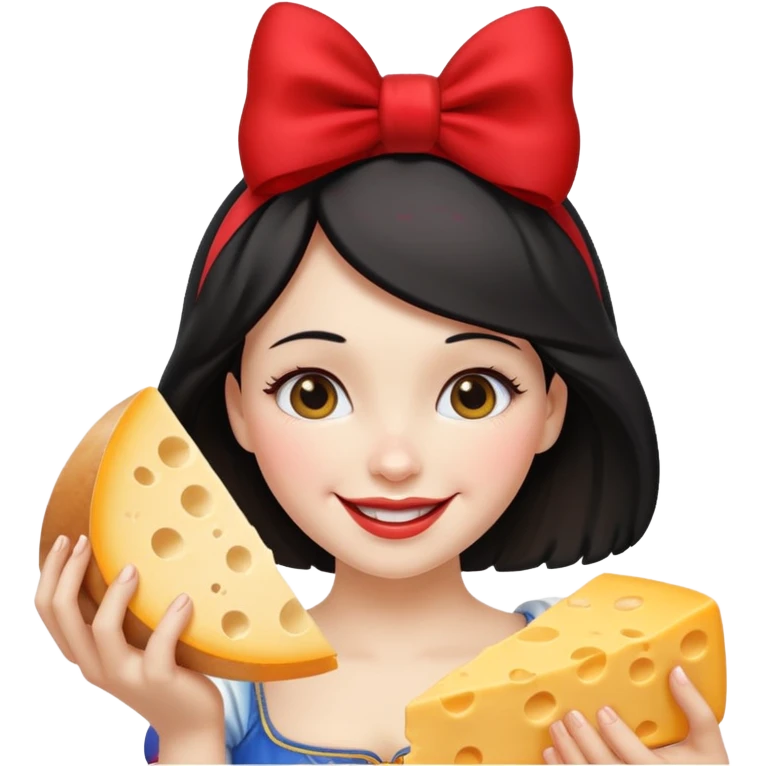  smiling Snow White with red bow ob head holding wedge of cheese emoji