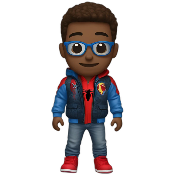 Boy waring spider man jacket and waring white jordan 4 emoji