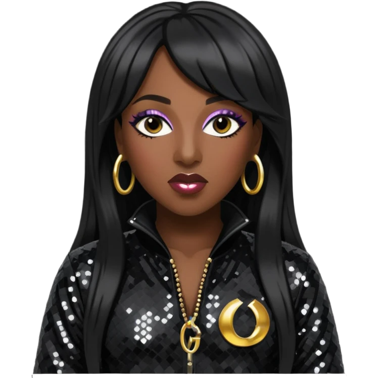 Missy Elliott with long black hair, black sequin outfit emoji