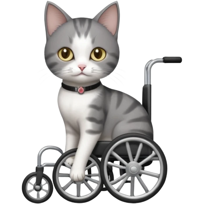 full body small short hair dark grey and white cat with hazel eyes walking in a wheelchair for cats emoji