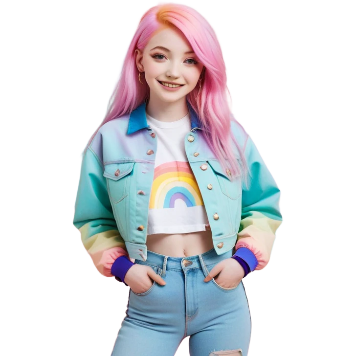 A portrait of a girl with long, pastel pink hair and a soft, dreamy smile. She’s dressed in a stylish, cropped rainbow-colored jacket with a trendy graphic t-shirt underneath and high-waisted jeans. The background features a bright, abstract burst of dopamine colors like yellow, pink, and turquoise emoji