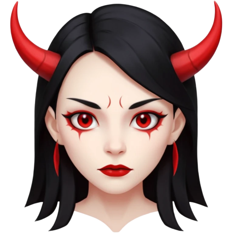 Head only demon girl: ENTIRE skin flat solid red, long straight sleek black hair, sharp cheekbones/jaw, small horns; centered, no body, no text. emoji