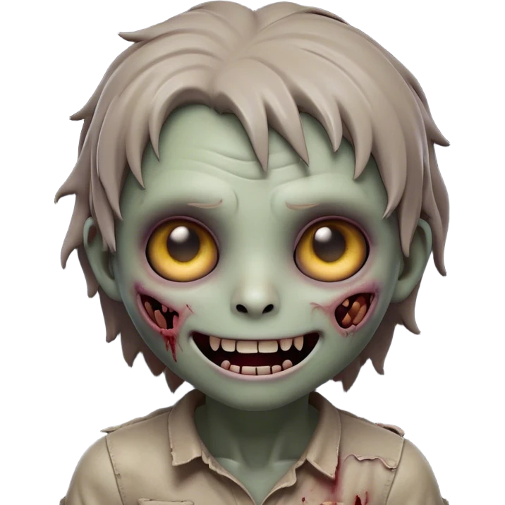 Cinematic Cute Zombie Portrait Emoji, with a delightfully quirky, slightly disheveled face in muted ashen hues, featuring quirky bright eyes and a playful, stitched-together smile, simplified yet irresistibly charming, highly detailed with a soft glowing outline that captures the adorable, offbeat spirit of a zombie who’s more cute than creepy! emoji
