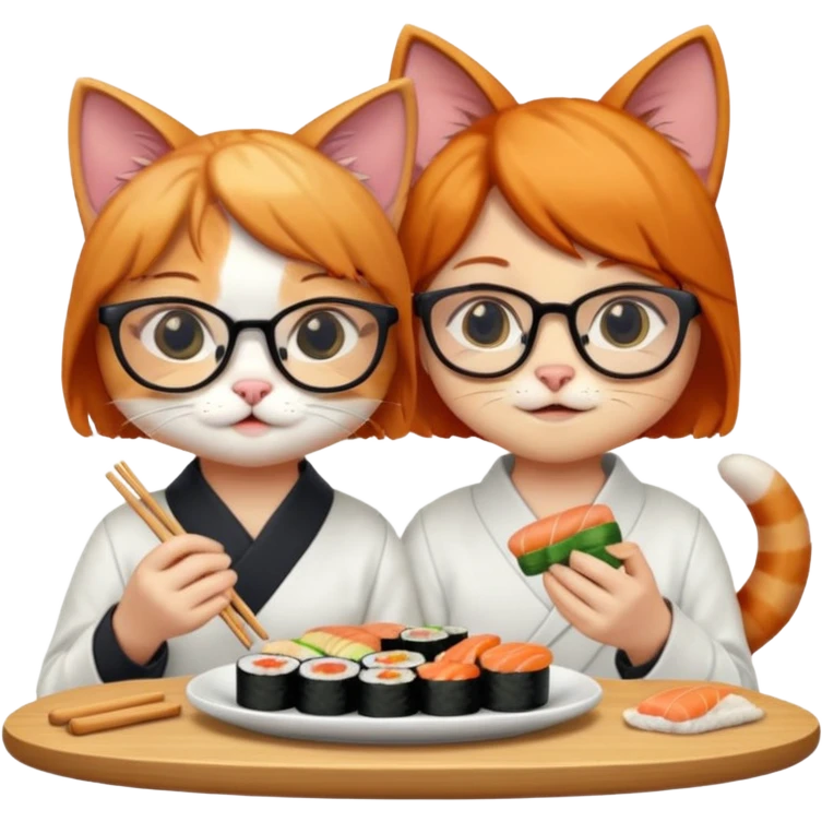 cute girl cat wearing glasses and a cute boy cat eating sushi together emoji