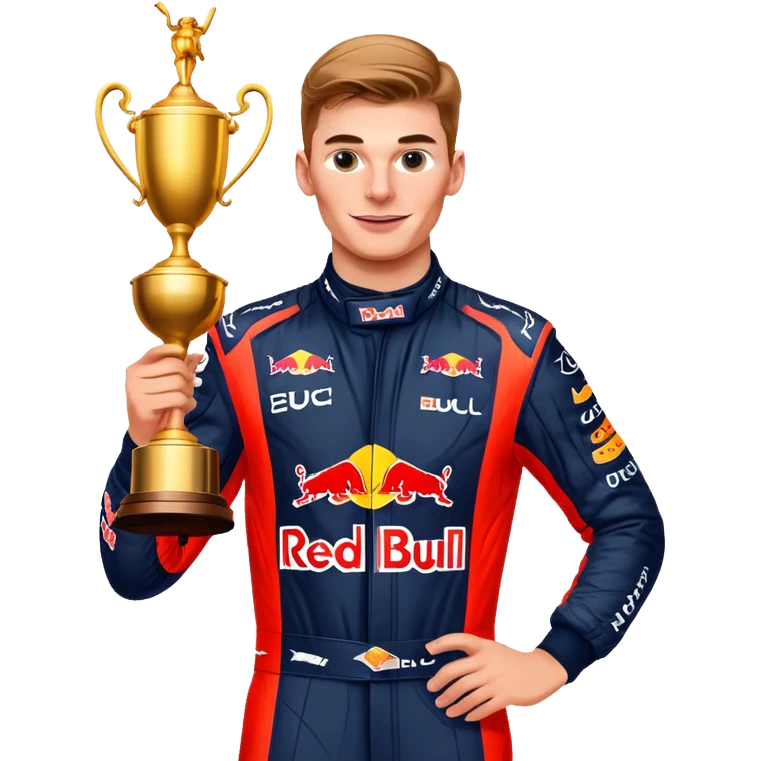 Max Verstappen celebrating with trophy, Red Bull racing suit, no text emoji