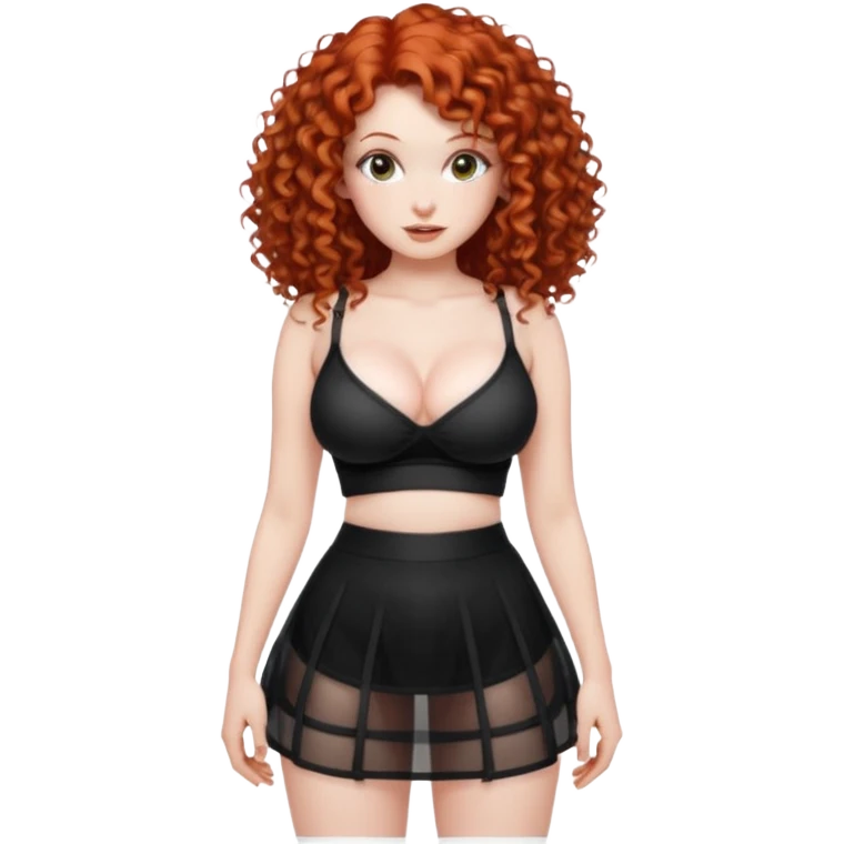 Naked red curly haired girl with very large big boobs and cleavage.  Thin waist and wide sexy hips.  Completely naked but wearing a see-thru black mesh very short mini-skirt emoji