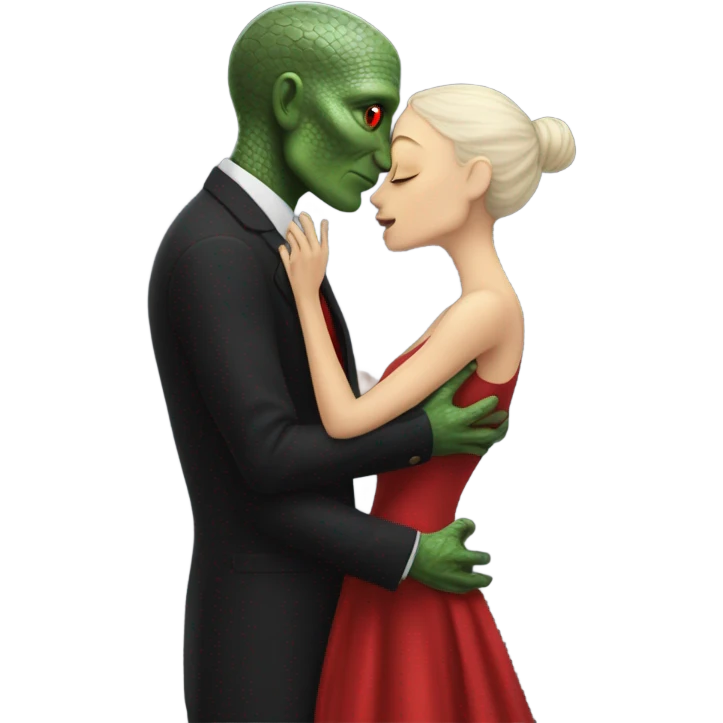 White man in black dress hugs and kissing Alien reptilian woman in red dress  emoji