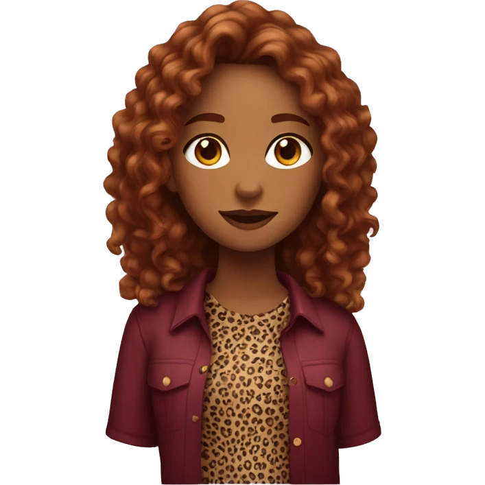 Girl with long burgundy, curly hair, wearing a cheetah print shirt emoji