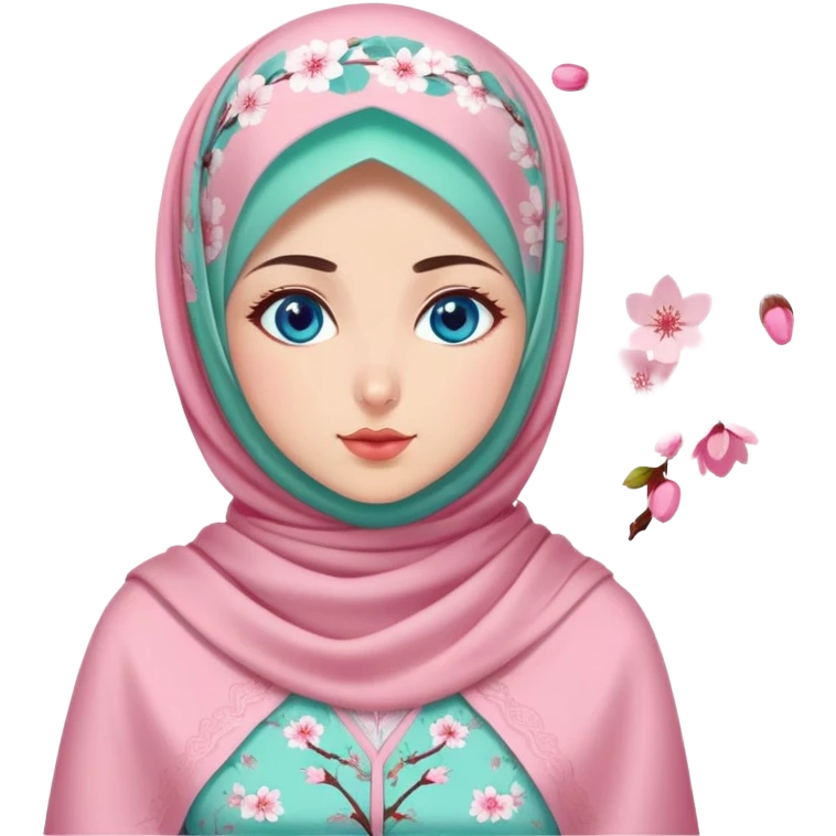Turkish beautiful finish Konya girl blue eyes with cherry blossom floral pink and mint hijab islamic dress and with yummy Drooling face on the table emoji