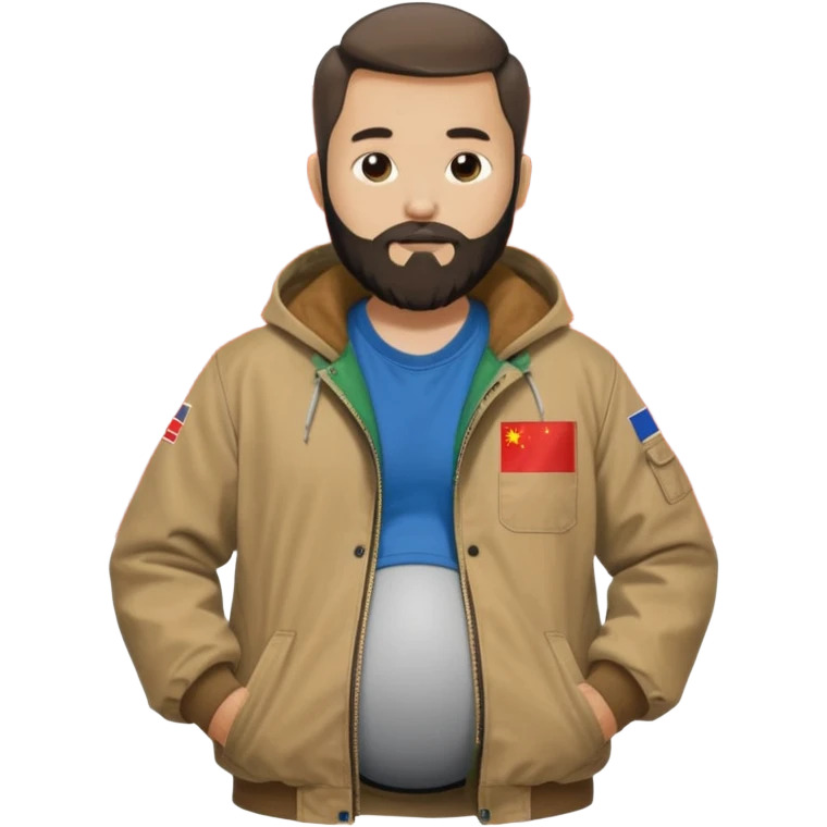 Bearded man rubbing pregnant belly poking out of a chinese flag shirt wearing a tan canvas carhartt jacket emoji