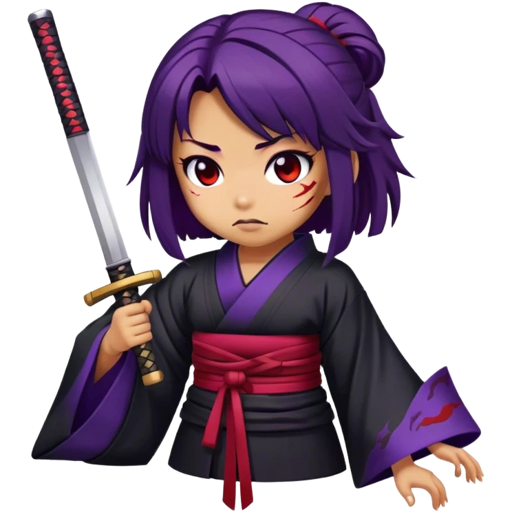 A samurai girl with deep purple hair, black kimono, holding a bloodstained katana emoji
