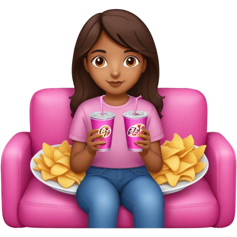 home brown girl with plate of chips and one soda drink in her hands, sitting at the pink sofa emoji