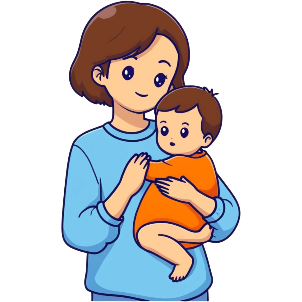 brunette girl with brown hair wearing pastel blue clothes holding a baby emoji