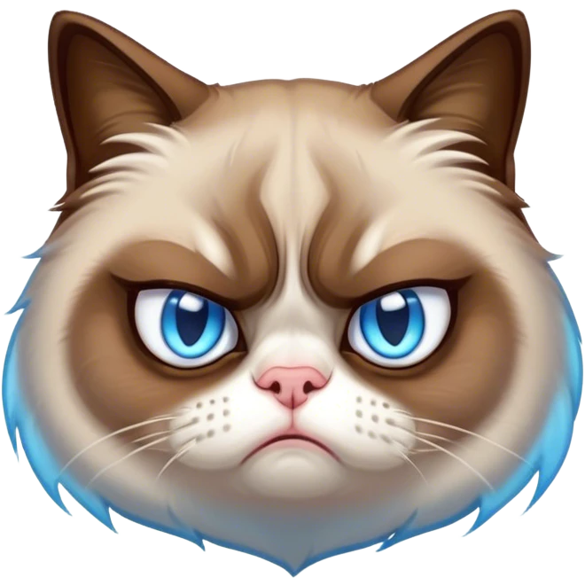 Cinematic Meme-Worthy Grumpy Cat meme Portrait Emoji, Head held high but eyes filled with dramatic disappointment, soft brown fur , white paws planted firmly in defiance, signature grumpy cat frown perfectly etched on its face, icy-blue eyes radiating pure disapproval, Simplified yet hilariously over-exaggerated features, highly detailed, glowing with an aura of supreme annoyance, high shine, exhausted yet judgmental, stylized with an almost regal pettiness, bright but brooding, soft glowing outline, capturing the essence of a feline that has seen it all and is thoroughly unimpressed, so meme-worthy it feels like it could instantly become the next viral sensation of grumpiness! emoji