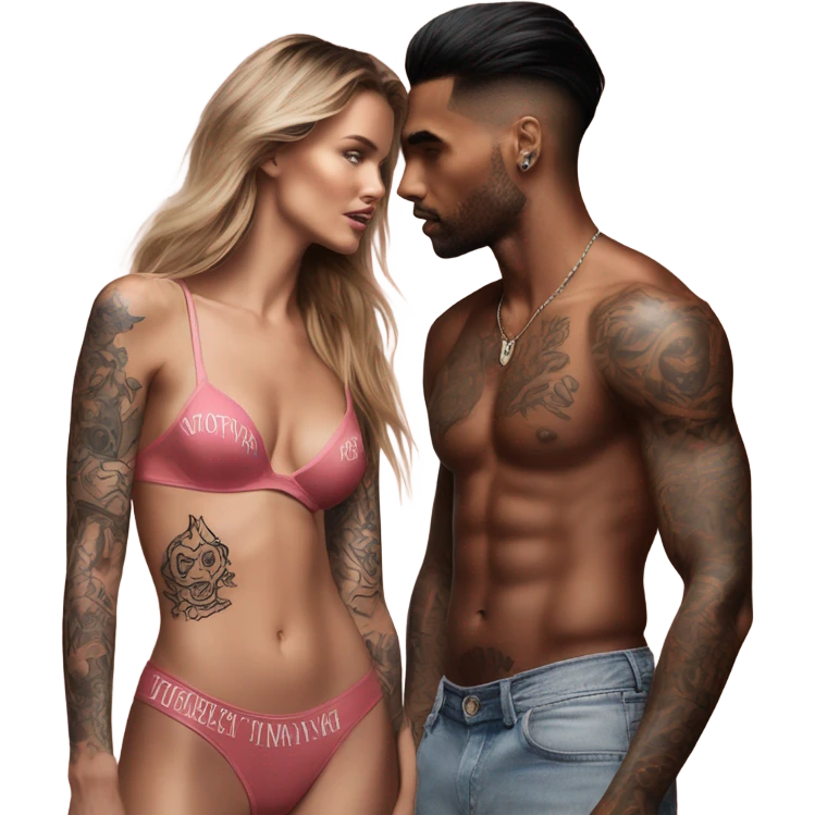 Photo of Victoria secret model having a serious conversation with a tattooed male model  emoji