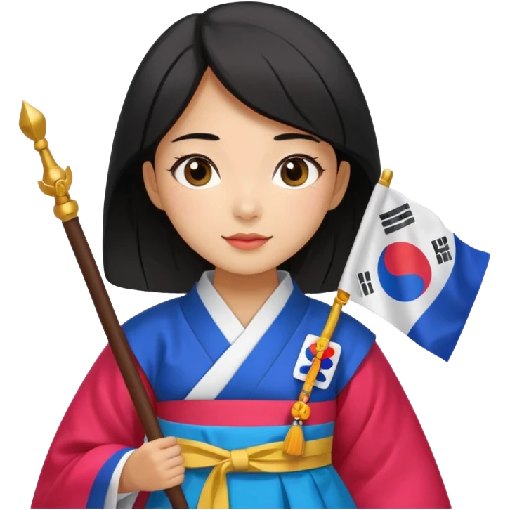 black hair girl with colorful hanbok holding south korea flag with white background emoji