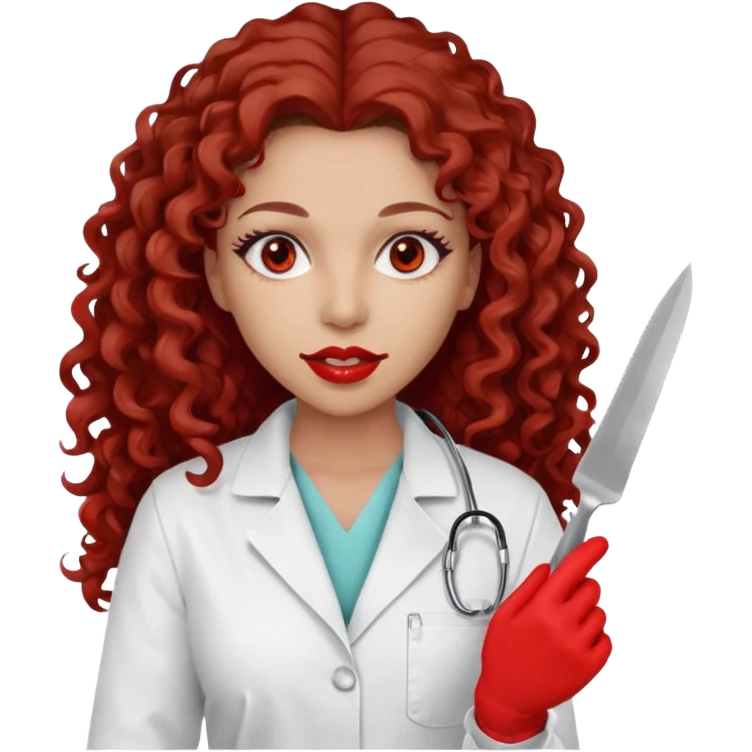 0Scary woman scalpel in hand, evil surgeon sexy surgeon clothes.  She has red eyes. Her  brown long curly hair. Wears sexy doctor outfit with red gloves. make her hair free and brown but she  wear mouth cover   to hide. Wears white surgeon jacket and  only   death long , long beown hair  emoji