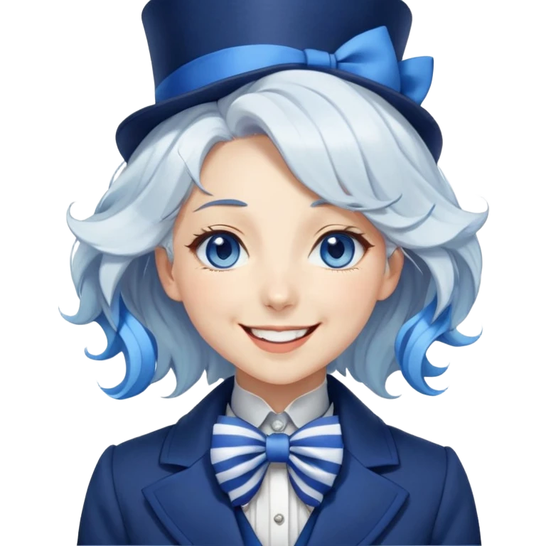 Beautiful gorgeous anime lady with white wavy hair with thin blue stripes, blue eyes, blue short top hat with a blue bow tie, smug smirk, laughing, happy, blue coat, blue cravat, white gloves emoji
