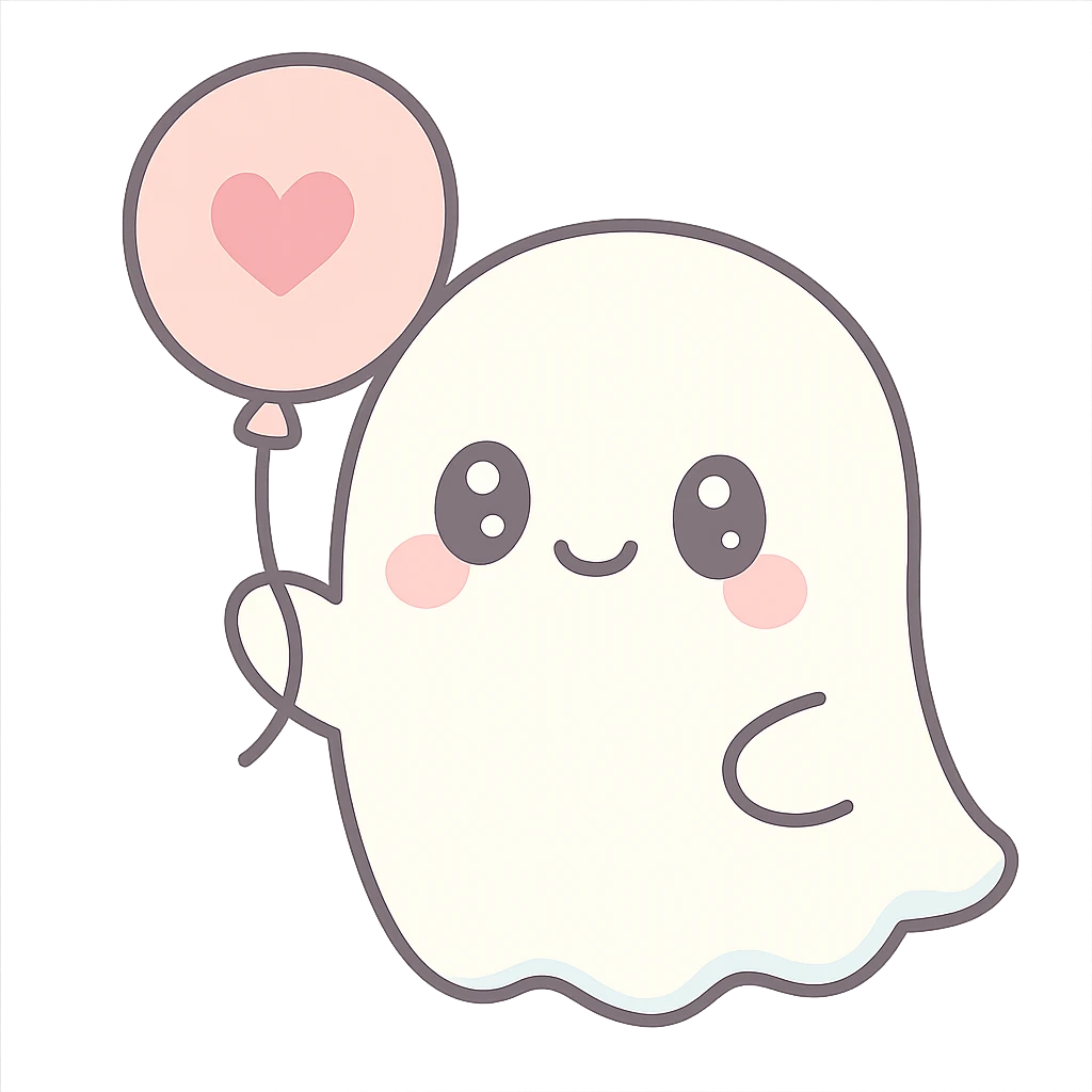 ghost holding a balloon, kawaii style emoji