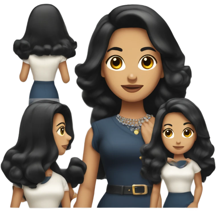 Tanned woman with long black hair wearing 1960s style outfit and hair emoji