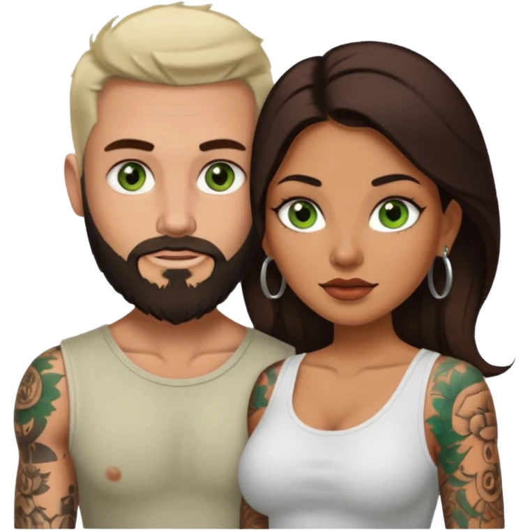 Brown eyed Latina woman with pierced nipples and tattoos having sex white a white man with green eyes and a beard  emoji