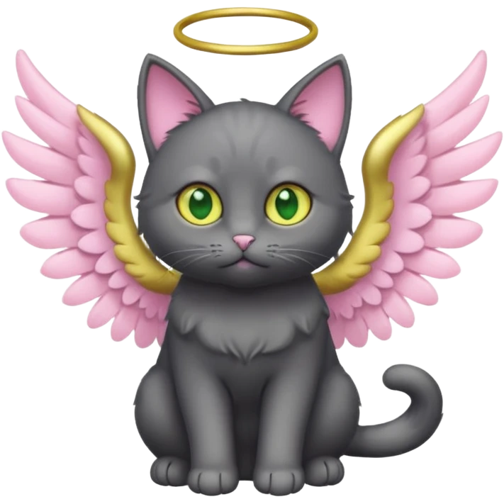 Dark gray cat with light pink ears and green-yellow eyes that has angel wings emoji