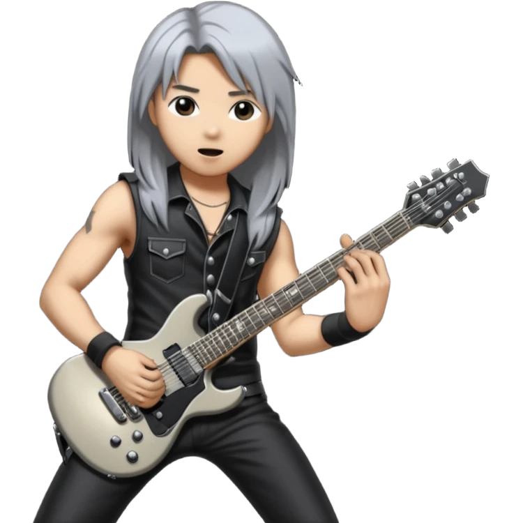 a kpop idol plying a heavy metal guitar with white background emoji