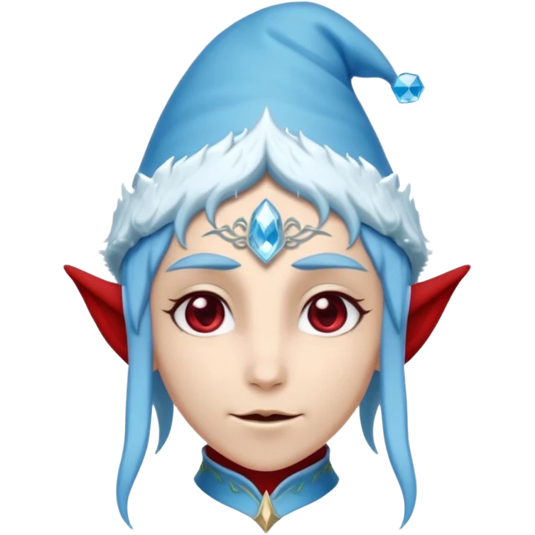 Fantasy elf portrait emoji, Santa Claus hat with icy frost edges, thin icy crystal crown with deep red accents under the hat, elegant elven features, cold noble winter expression, icy blue and crimson color palette, minimal clean design, flat readable emoji style, male/female variant
 emoji