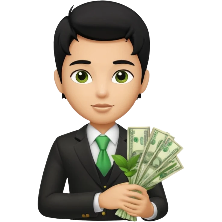 a pretty bratz boy with black hair, holding a bouquet made of money emoji