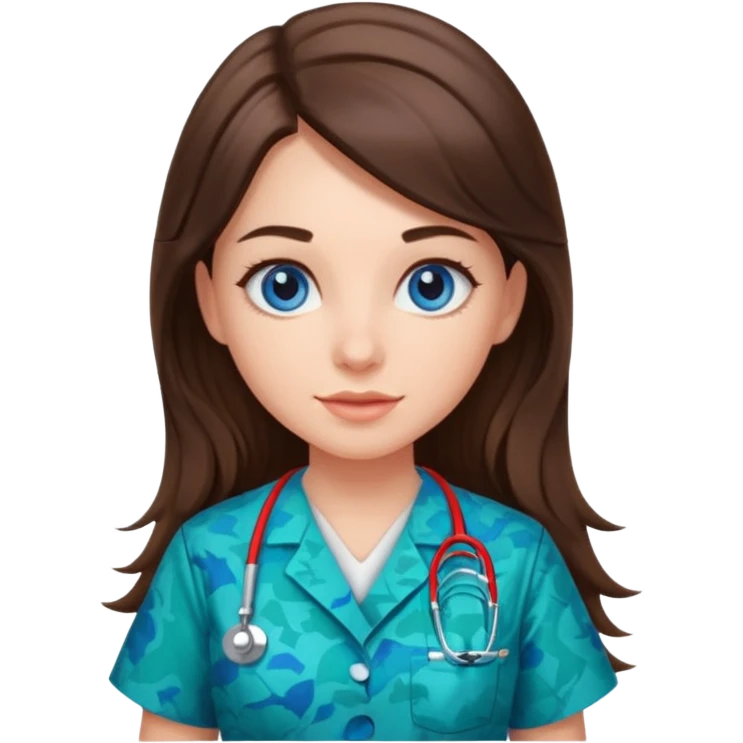 pretty brunette nurse with long hair and blue eyes in dinosaur pattern scrubs emoji