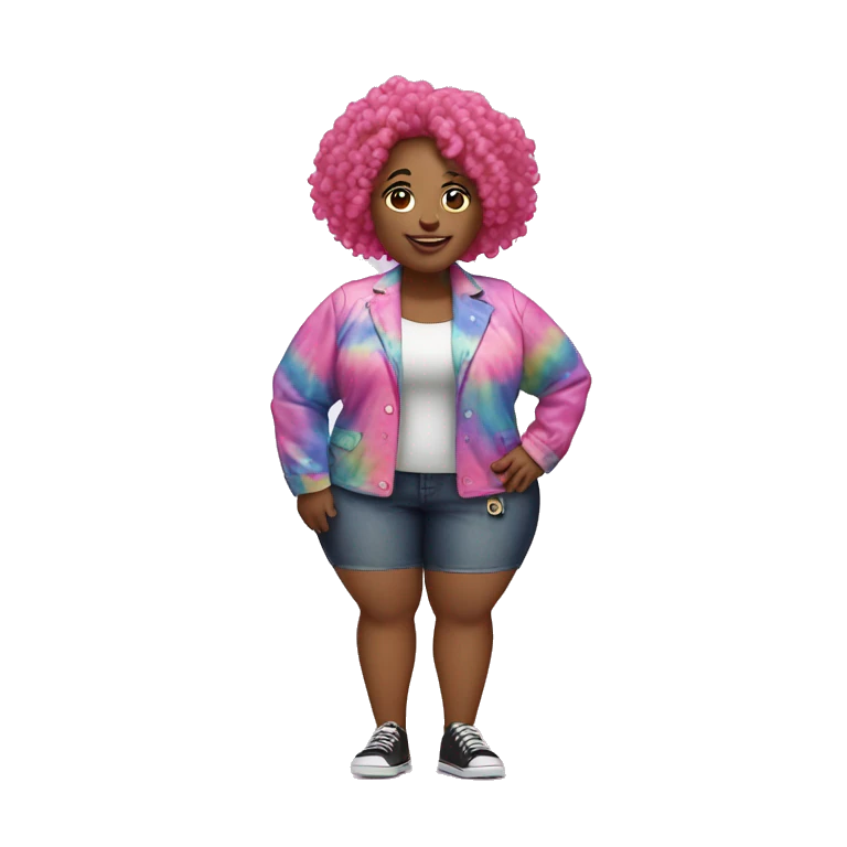 Plus size black woman with pink curly hair and a tie dye jacket  emoji