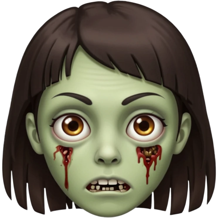 Tenho uma franja vegana, sombrancelha reta e fina, um rosto oval e meu cabelo é grande e castanho escuro. Faça no estilo zumbi  emoji