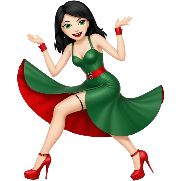 🕵🏻‍♀️💦🧥 black hair , green eyes , red high heels , dominatrix dress , 😂 emoji
