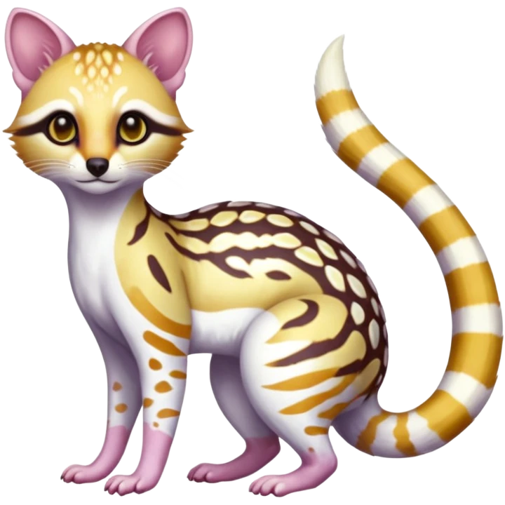 Iridescent white albino colorful fruity blingy crystalline Genet-Numbat-Ocelot-Tanuki-Cheetah-Ocicat-hybrid-fusion, full body emoji