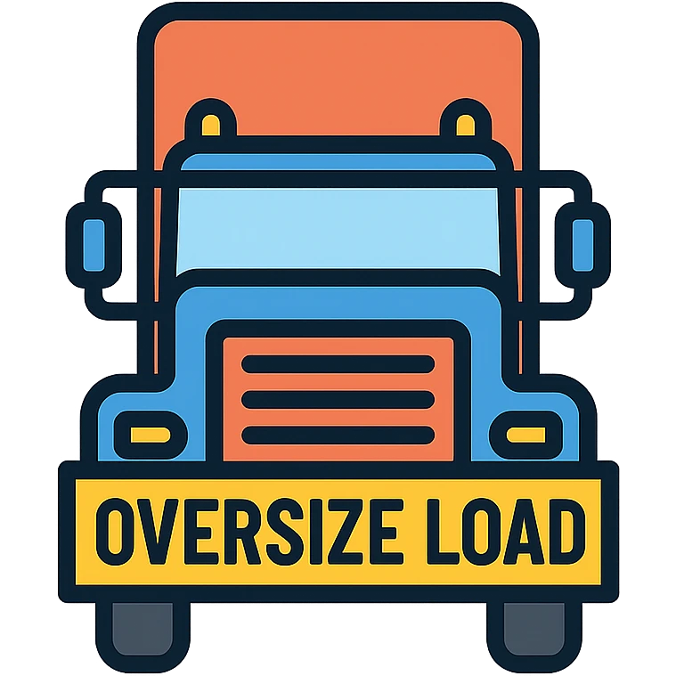 large truck carrying oversized load with bright yellow OVERSIZE LOAD banner on front, bold and clear style emoji