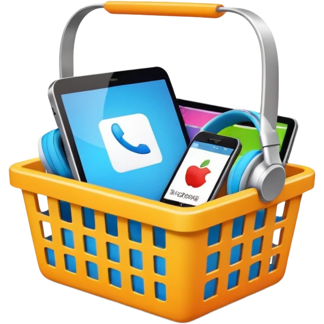 shopping basket filled with technology items such as smartphone, laptop, headphones, smartwatch emoji
