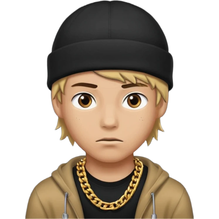 Create an Apple style emoji of a young man wearing a black beanie and a thick chain, with a serious expression. No text. emoji