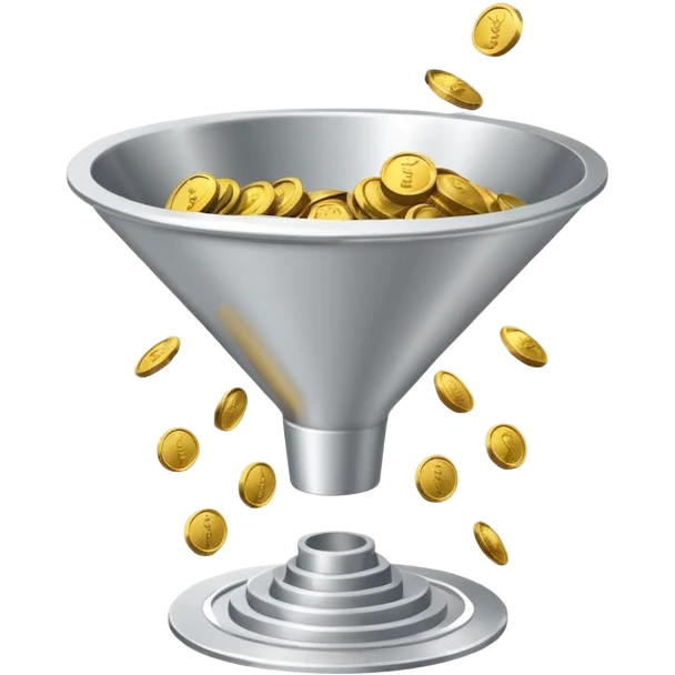 Minimalistic flat vector icon, iOS style, thin black contour on white background. Funnel with coins dropping through it. Clean, no text, no shadows.
 emoji