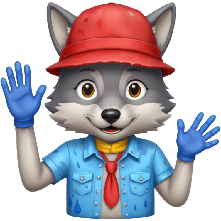Wolf cartoon shaking hand wering hat and paint shirt  emoji