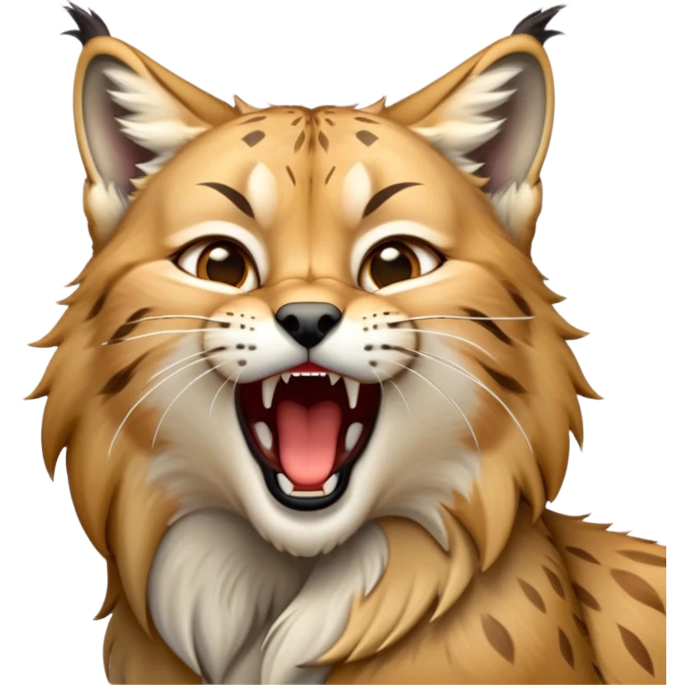 Cinematic-detailed-Yawning-Lynx-Portrait-Emoji – Head tilted slightly with a dramatic, wide-open yawn, revealing a sleek golden-brown fur coat with subtle spots, signature black ear tufts standing tall, round amber eyes barely open in drowsy contentment zoomed out to show the shoulders emoji