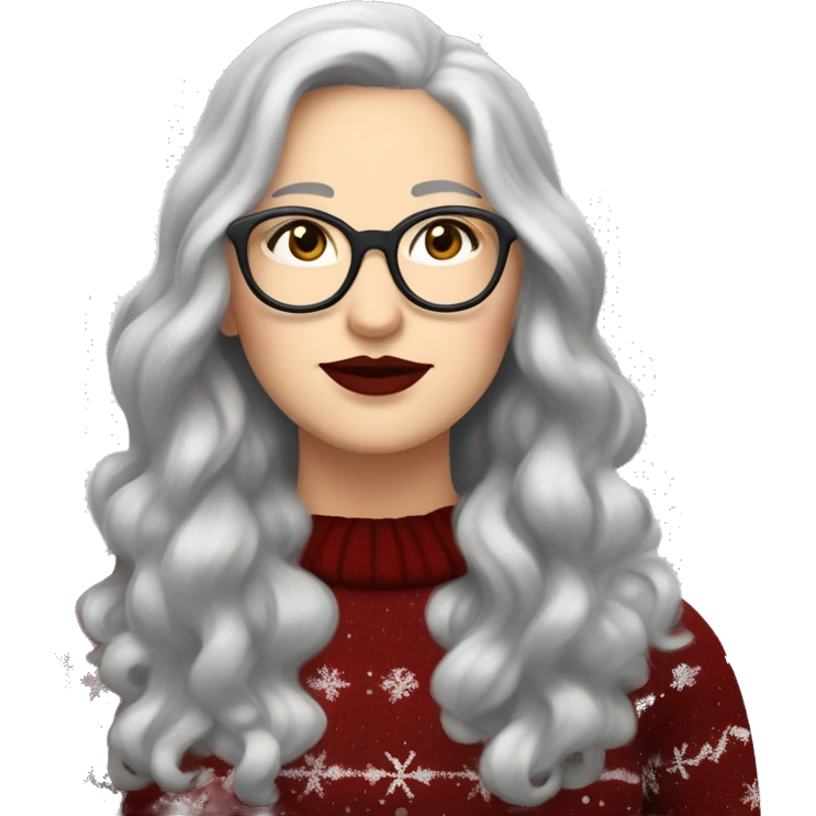 Attractive Caucasian woman with long grey hair, wearing wire frame glasses, dark red lipstick, and a christmas sweater, she has a chubby face but isn't fat emoji