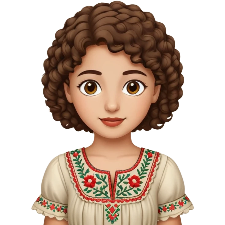 Palestinian girl emoji style, cheerful, short curly brown hair, traditional embroidered dress, subtle background emoji